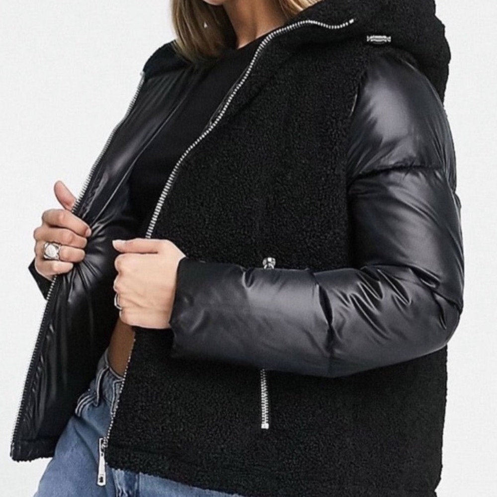 Calvin Klein Womens Mixed Media Sherpa Puffer‎ Jacket Black Hooded Large
